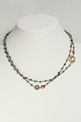Unique Green Tourmaline Beaded Necklace with Pink Quartz Stones, Cubic Zircon and Flower Trinket