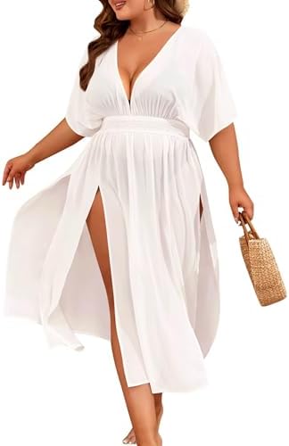 Raviya Women's Plus Size Front Slit Cover-Up Maxi Dress (White, 1X) at  Amazon Women's Clothing store