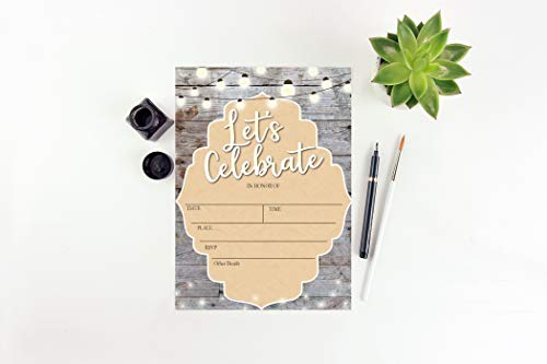 Let's Celebrate - Rustic Fill-in Party Invitations with Envelopes - 25 Invites & Envelopes - Wedding, Baby Shower, Rehearsal Dinner, Birthday Party (Lets Celebrate)