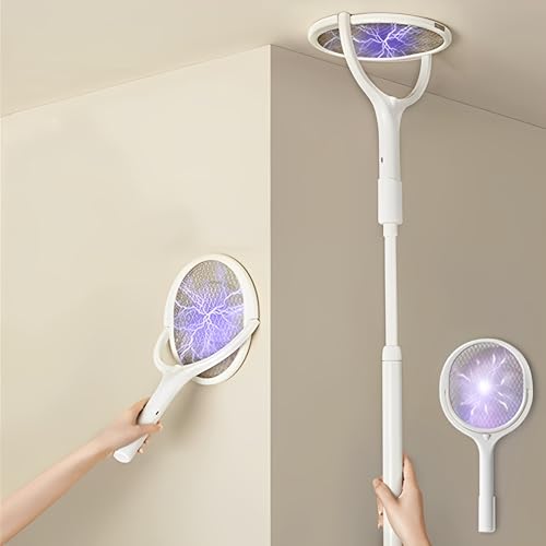 Beauenty Electric Fly Swatter,3500V Rotating Head Rechargeable Fly Swatter with Telescopic Extension,1200mAh Fly Trap Mosquito Zapper with Base and Wall Mount for Mosquitos,Gnats,Moths,Fruit Flies