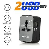 MAXAH Universal Travel Plug Adapter, All in One Worldwide Universal Wall Charger AC Power Plug with 2.1A Dual USB Charging Ports for EU US UK AU - Black