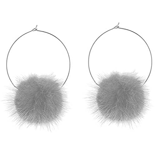 Fur Pom Pom Fluffy Earrings Baby Pink White Black Green Silver (Grey)