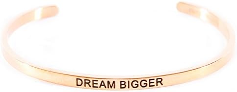 Simply Mantra Inspirational Adjustable Cuff Band, 20 Bracelet Phrases in Silver, Gold or Rose Gold 316 L Stainless Steel (DREAM BIGGER; ROSE GOLD)