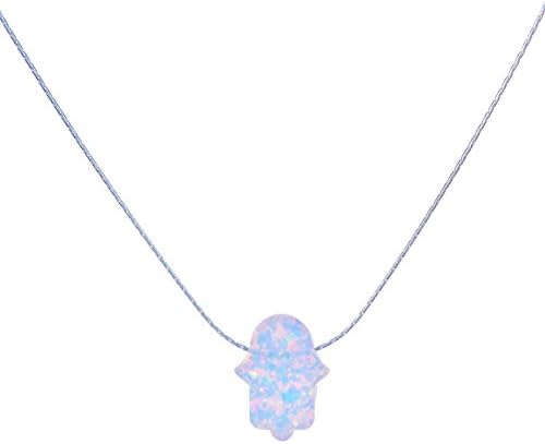 Lucky Hamsa Amulet Judaica Pendant, Necklace Of Israel Shiny White Opal Stone