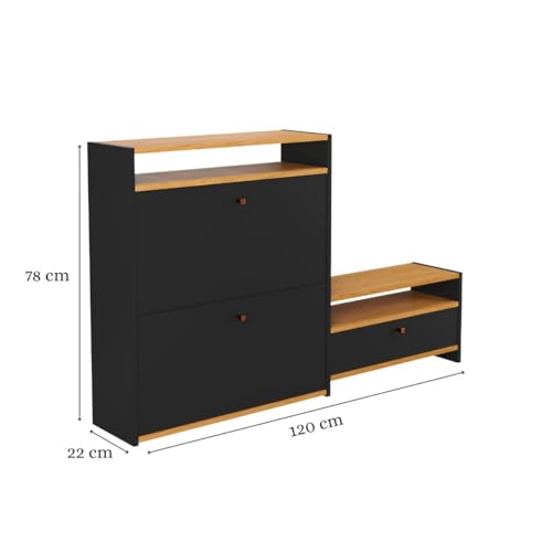Sapateira Diamante 3 Portas Basculante Puxador Resistente Polipropileno 18 Pares Calçados 2 Nichos Organizador Decoração Moderna Quarto Sala Hall Entrada Closet (Preto/Nature)