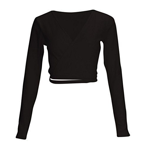 Long Sleeve Solid Bandage Crop Tops Womens Sexy Deep V Neck Short Blouse Shirt