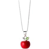 Cute Red Apple Pendant Necklace for Women Girls 925 Sterling Silver Charms Snow White Inspired 3D Candy Fruit Leaf Link Chain Adjustable Nickel Free Lovely Christmas Eve Teacher Graduation Jewelry Gift 18 inch