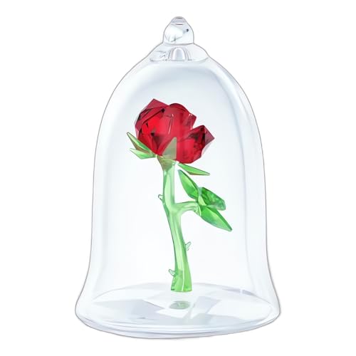 Swarovski Beauty and The Beast Enchanted Rose, Red and Green Crystal with Clear Base and Mouth-Blown Glass Bell Jar, Part of The Beauty and The Beast Collection