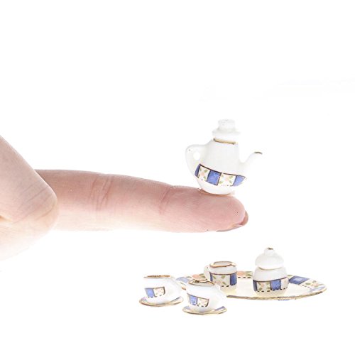 Ultra Tiny Dainty Blue Stripe Painted Ceramic Tea Set for Dollhouse Displays, Crafting, and Creating