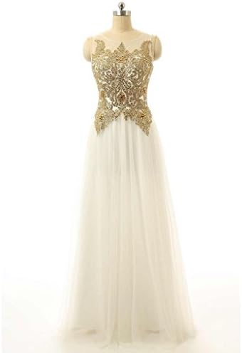 HarveyBridal Gold Lace Evening Dress Long White Tulle Homecoming Dress