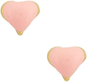 14K Yellow Gold Enameled Heart Stud Kids Earrings With Safety Screw Backs (Pink)