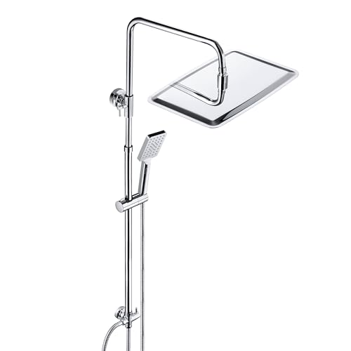 JOHO Stainless Steel Shower Column without Thermostat, Shower Set with Adjustable Height Bar with Hand Shower Head and Rain Spray Head 35 x 25 cm, Chrome