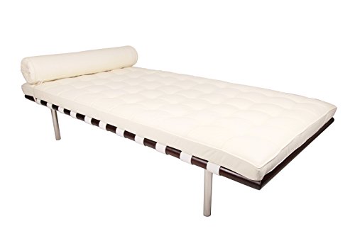 MLF Pavilion Modern Daybed / Mies Couch(Multi Colors Available), Top Grain White Premium Aniline Leather with 12cm Wide Dark Walnut Frame(White)