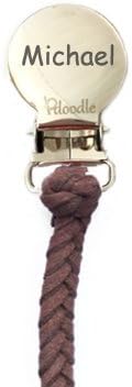 Pacidoodle Leather Pacifier Clip (Brown) ENGRAVED with Baby Name - Handmade in USA