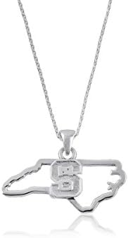 NC State University State Outline Silver Necklace, Wolfpack Block S Logo - Sterling Silver Jewelry by Dayna Designs. Small for Women/Girls - Final Sale