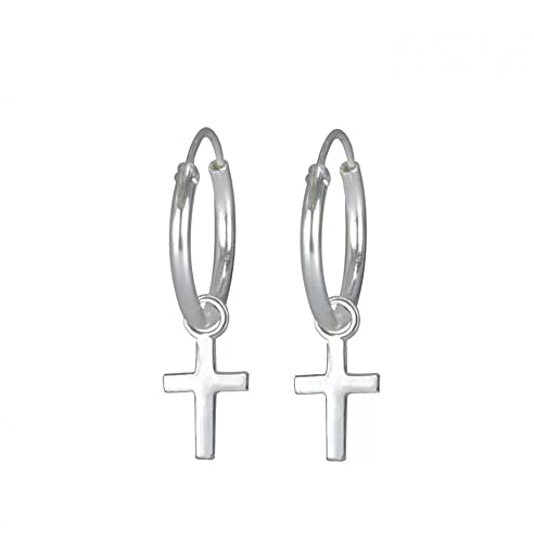 Small Sterling Silver Hoop Earrings with Dangling Cross