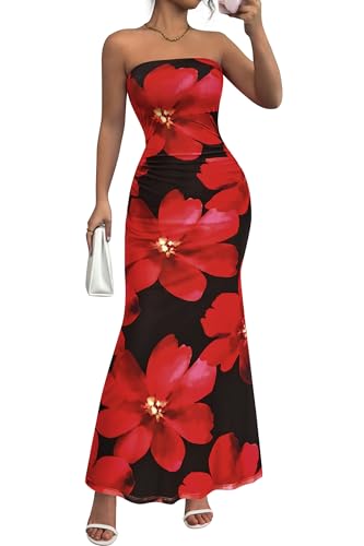 PRETTYGARDEN Womens Spring Dresses 2026 Sexy Strapless Tube Bodycon Mesh Ruched Floral Maxi Dress Wedding Club Outfits(Black Red Flower,Small)