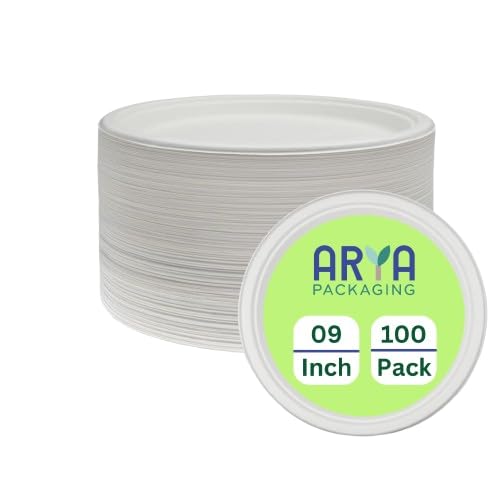 Arya PACKAGING 100% Compostable Heavy-Duty Eco-Friendly Disposable Bagasse Plates 9 Inch, Pack of 100 Made of Natural Sugarcane Fibers Biodegradable Paper Plates