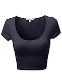 Basic Solid Scoop Neck Slim Fit Short Sleeve Crop Tops Navy Size M