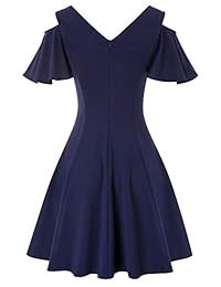 Jasambac Vestido de mujer con hombros descubiertos, vestido de cóctel, vestido de fiesta con mangas de volantes, línea A, vestido de patinador