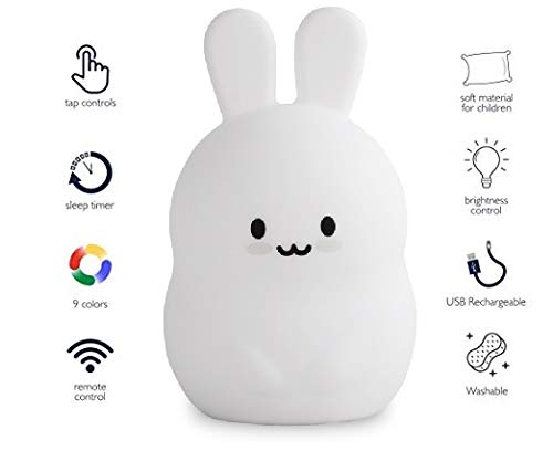 ATOMFIT LED Nursery Night Lights for Kids: Cute Animal Silicone Baby Night Light with Touch Sensor and Remote - Portable and Rechargeable Infant or Toddler Cool Color Changing Bright (Bunny)