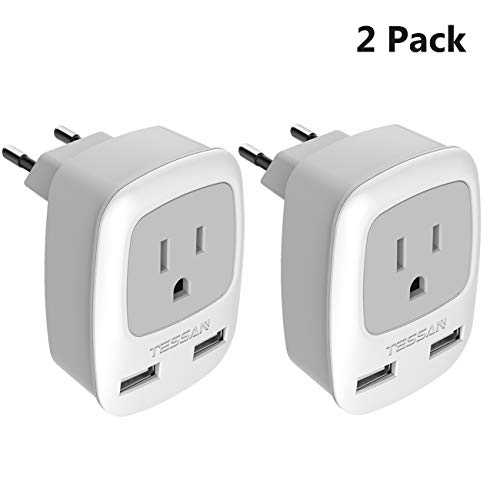 European Plug Adapter 2 Pack, TESSAN 3 in 1 Travel Power Outlet with Dual USB Charging Ports - USA to Most of EU Europe (Type C)