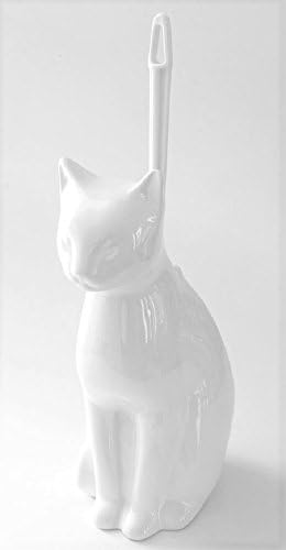 Royal Bath Meow Meow Clean Cat Decorative Ceramic Toilet Brush Holder with Toilet Brush (10.5"H x 7"W x 5"D) - White