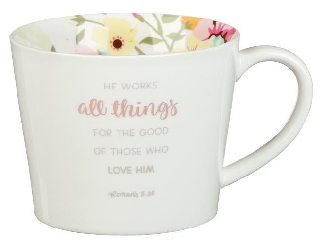 Christian Art Gifts Floral White Ceramic Coffee Mug – 13 oz. Lead and Cadmium-free Non-Toxic Inspirational Scripture Coffee and Tea Mug for Men and Women with Bible Verse: All Things – Romans 8:28