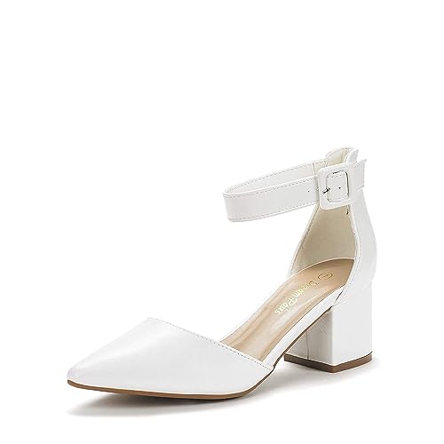 DREAM PAIRS Womens Low Heel Pump Shoes, White/Pu