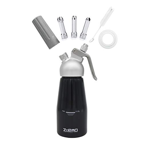 ZOEMO Profession Cream Whipper - 250ML Aluminum Whipped Cream Dispenser w/Bonus Recipe eBook - Half Pint Whipper Canister, Black