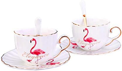 YHYIR Flamingo porcelain Coffee Cups with Saucers Sets- 7 Ounce Tea cup/Ceramics cup,Perfect for Specialty Coffee Drinks, Espresso Mug, White Cup, Porcelain Tea Set,Set of 2
