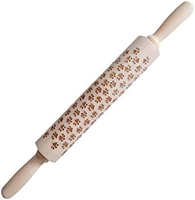 Iusun Christmas Wooden Rolling Pin Engraved Embossing with Dog Footprint Pattern for Baking Embossed Cookies Noodle Biscuit Fondant Cake Kitchen Tool