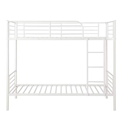 Twin Over Twin Metal Bunk Beds, Rockjame Space Saving Design Sleeping Bedroom Bunk Bed with Ladder and Safety Rail for Boys, Girls, Kids, Young Teens and Adults (White)