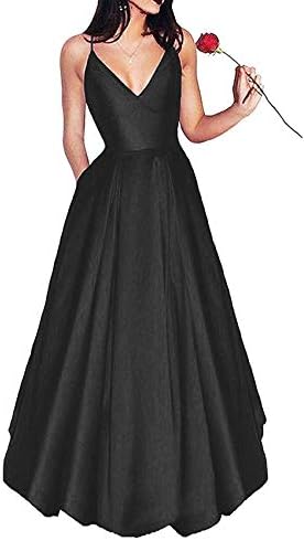 LoveeToo Women's Satin V Neck Bridesmaid Dress Prom Gown Spaghetti Straps Evening Gown