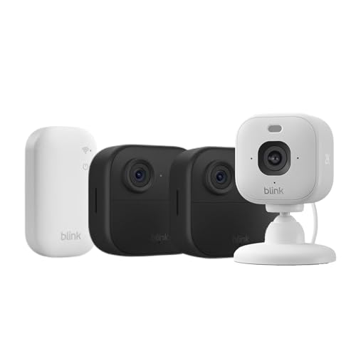 Caméra Blink Outdoor 4 + Caméra Mini 2K+ Blink Blanc (nouvelle génération) : caméra de surveillance connectée HD sans fil, 2 ans d'autonomie - système 2 caméra avec Sync Module Core