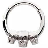 Pierced Owl 16GA 316L Stainless Steel Triple Skull Lined Hinged Segment Clicker Ring