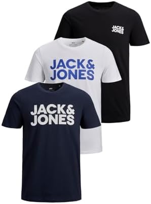 Jack&Jones Essentials - Camiseta para Hombre, Negro/Paquete: 1 Negro, 1 Azul Marino, 1 Blanco, M