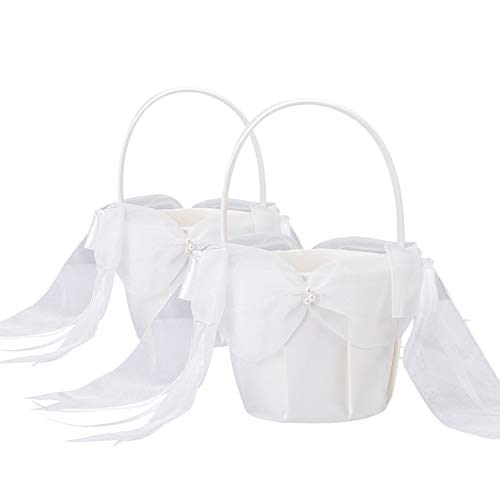 BETAULIFE Ivory Elegant Satin Bow Flower Girl Basket Ivory 2 pcs/Pack (Basket)