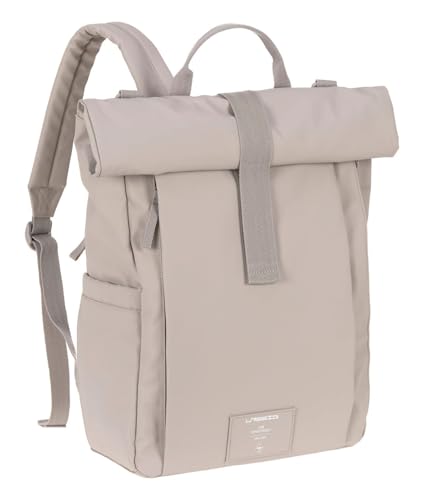 LAESSIG Baby Changing Backpack with Changing Mat Pram Attachment Bottle Holder Sustainably Produced Green Rolltop Up Backpack Taupe