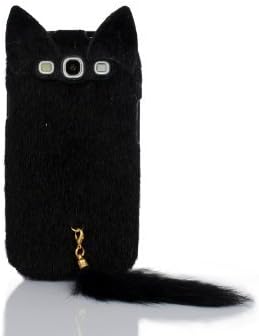 DE New Fashion Cartoon Animal Series Black With Fluffy Plush Tail Fur Ear Cat Style Plush + TPU Soft Case Cover Shell Compatible for Samsung Galaxy S3 III i9300