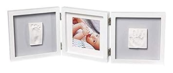 Baby Art My Baby Touch Double Print Frame, 3er Bilderrahmen für Foto, Hand und Fußabdruck, rund, grau