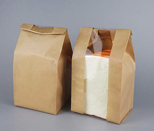 Pack of 30 Paper Bread Loaf Bag Kraft Food Packaging Storage Bakery Bag with Front Window, Label Seal sticker included (Kraft, 12.2''x4.7''x3.54'')