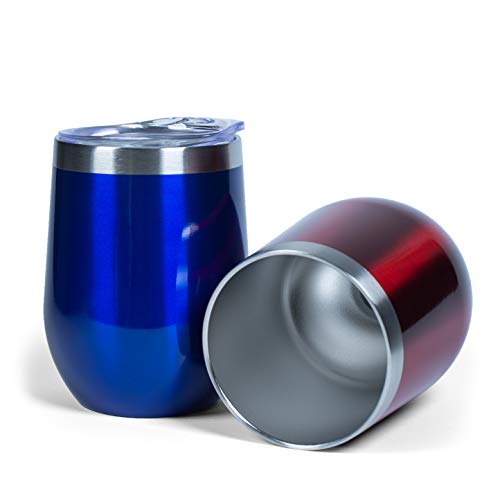 Luckti 12 oz Insulated Stainless Steel Wine Tumbler Cup Double Wall Vacuum Stemless Glass with Lid - 2 pack set: Red & Blue