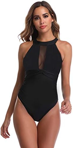 Qpladlse Mesh Insert High-Neck Swimwear for Women One Piece Swimsuit Swimming Suit