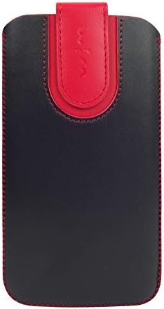 Emartbuy Faux Leather Slide in Pouch Case Cover with Magnetic Flap for Apple iPhone 7 (14.5x8.3x1cm) - Black/Red Plain