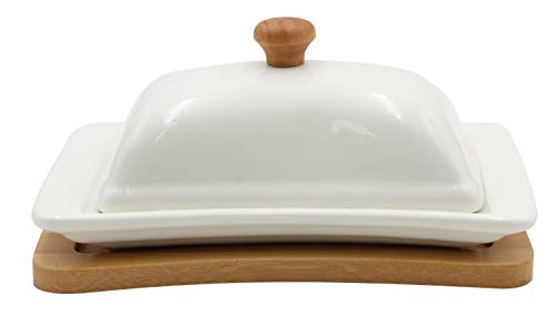 Ceramic Shabby Chic White And Bamboo Butter Dish Wide Butter Container Margarine Keeper With Lid - Thumbnail 5