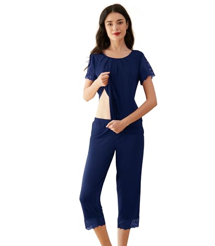 WiWi Viscose from Bamboo Pajamas for Women Short Sleeve Tops with Capri Pants Pjs Set Super Soft Sleepwear Cooling Loungewear S-XXL, Navy, XX-Large at Amazon