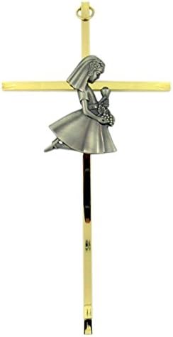SINGERstar case First Holy Communion Brass Wall Cross with Fine Pewter Girl Casting, 8 Inch