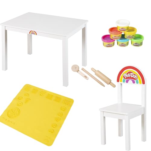 roba x Play-Doh Ensemble Table dActivites et Chaise pour Enfants des 3 Ans - Set de Jeu en Bois Certifie FSC® avec 6 Pots de Pate a Modeler, 3 Outils, Grand Tapis 3D sans BPA