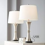 Seymore Modern Table Lamps Set of 2 with USB Port LED Touch On Off Silver White Drum Shade for Living Room Bedroom Family - 360 Lighting